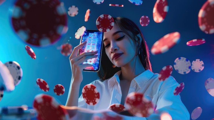 Tangan menjinjing chip kasino dengan lampu latar lembut dalam suasana live casino